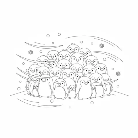 Desenho de Pinguim para colorir: um grande grupo de pinguins aninhados em uma paisagem nevada e ventosa