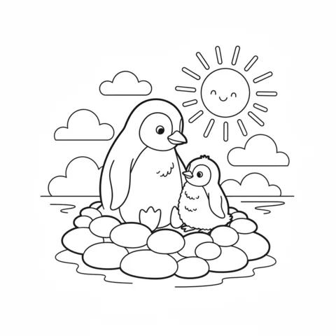 Desenho de Pinguim para colorir: um pinguim adulto e um pinguim bebê sentados em rochas sob um sol sorridente