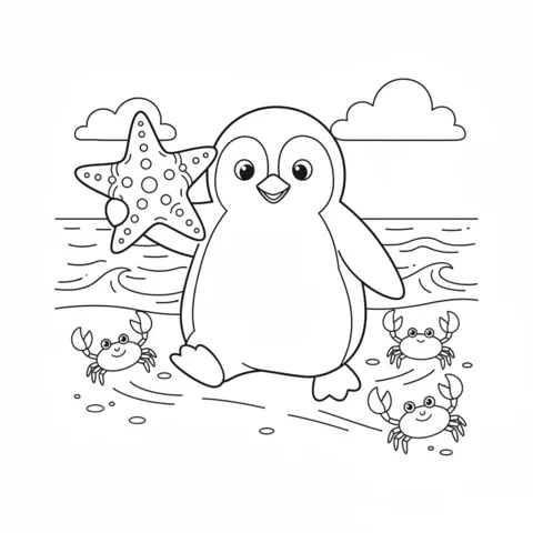 Desenho de Pinguim para colorir: um pinguim segurando uma estrela-do-mar em uma praia com caranguejos e ondas do mar