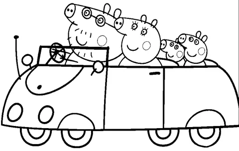 Peppa Pig coloring page: Peppa Pig's family riding in a convertible car, Daddy Pig driving