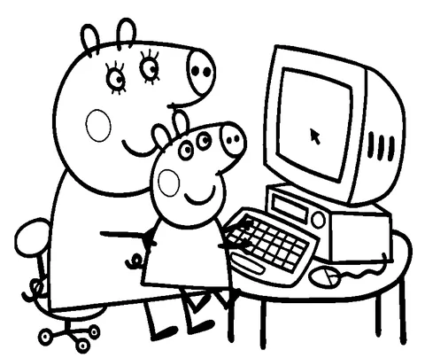 Peppa Pig coloring page: Peppa Pig and Mummy Pig using a desktop computer together