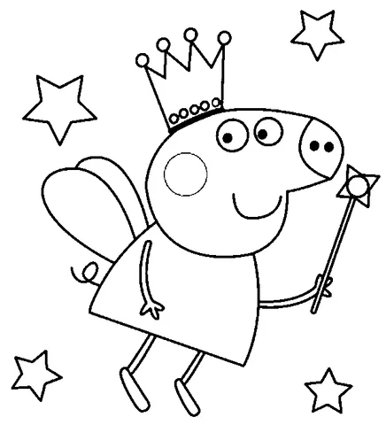 Peppa Pig coloring page: Peppa Pig as a fairy with wings, crown, and magic wand, surrounded by stars