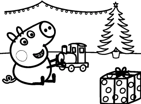 Peppa Pig coloring page: Peppa Pig playing with a toy train near a Christmas tree and gift