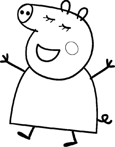 Peppa Pig coloring page: Peppa Pig with closed eyes and open mouth, arms outstretched