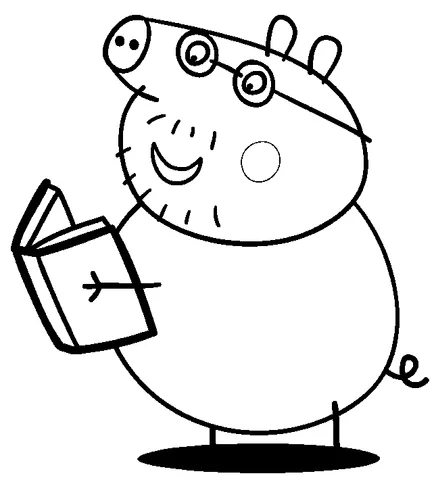 Peppa Pig coloring page: Daddy Pig wearing glasses and reading an open book
