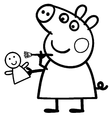 Peppa Pig coloring page: Peppa Pig holding a small doll and a brush