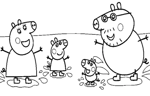 Peppa Pig coloring page: Peppa Pig's family jumping in muddy puddles, wearing boots