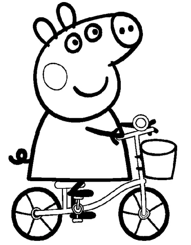 Peppa Pig coloring page: Peppa Pig riding a bicycle with a basket on the front