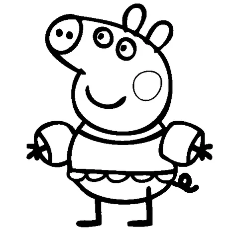 Peppa Pig coloring page: Peppa Pig wearing a dress with ruffles and puffed sleeves