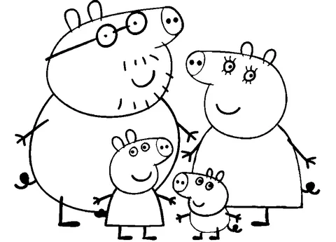 Peppa Pig coloring page: Peppa Pig's family standing together, smiling happily