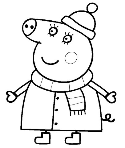 Peppa Pig coloring page: Mummy Pig wearing a winter coat, striped scarf, and bobble hat