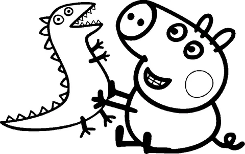 Peppa Pig coloring page: Peppa Pig playing with a toy dinosaur that has sharp teeth