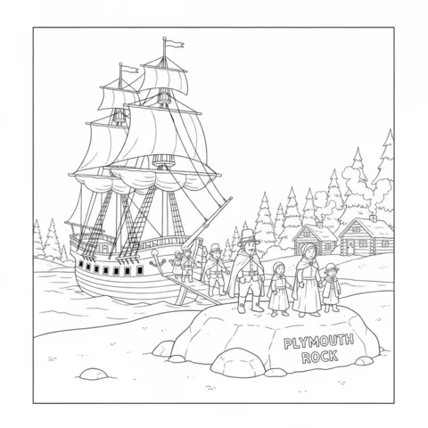 Pilgrims coloring page: Pilgrims disembarking from a ship onto Plymouth Rock, with cabins and trees in the background