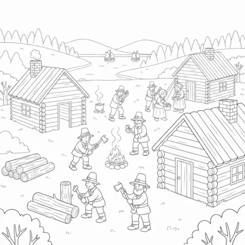 Pilgrims coloring page: Pilgrims building cabins, chopping wood, and cooking over fires in a settlement