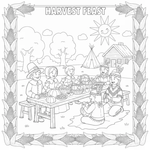 Pilgrims coloring page: Pilgrims and Native Americans sharing a harvest feast at a long table outdoors