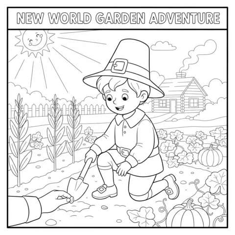 Pilgrims coloring page: a Pilgrim boy planting seeds in a garden with pumpkins and a log cabin