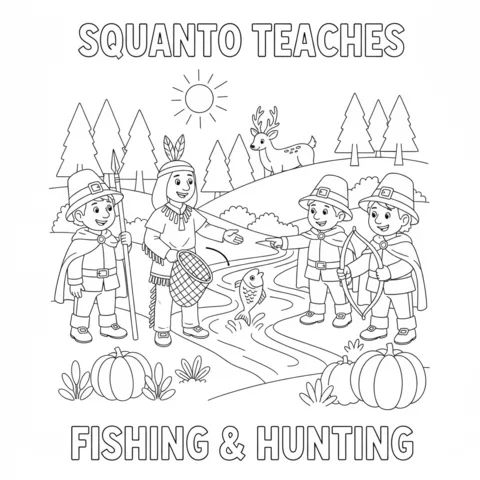 Pilgrims coloring page: Squanto teaching Pilgrim boys to fish and hunt in a forest by a river