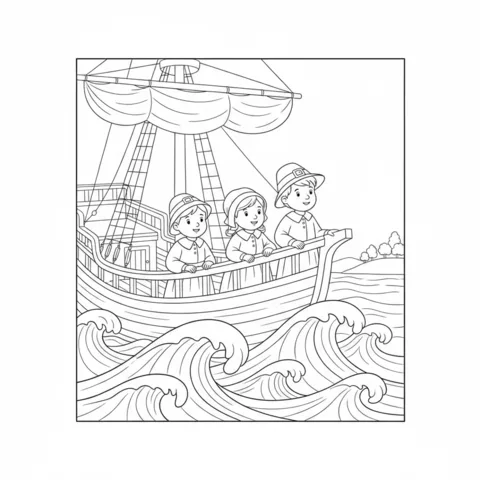 Pilgrims coloring page: three Pilgrim children looking out from the bow of a ship on wavy seas