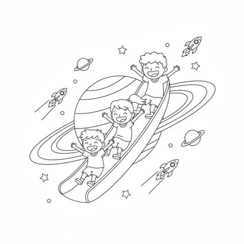 Planets coloring page: three happy children sliding down a planet with rings, surrounded by rockets and stars