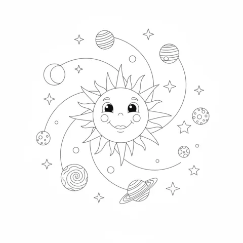 Planets coloring page: a smiling sun surrounded by planets, moons, and stars in a spiral pattern