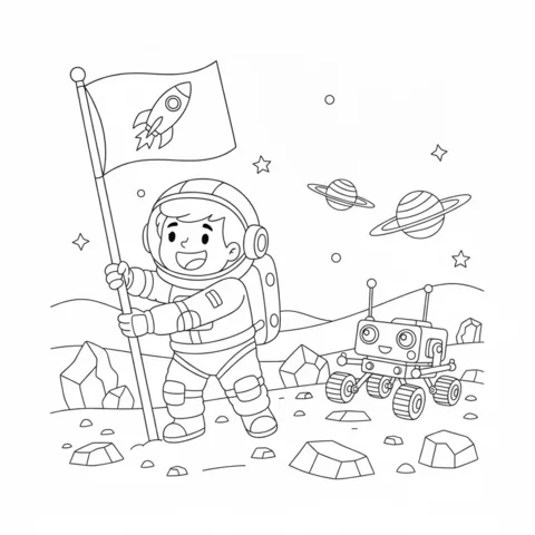 Planets coloring page: a happy astronaut holding a flag with a rocket on a rocky planet with a rover