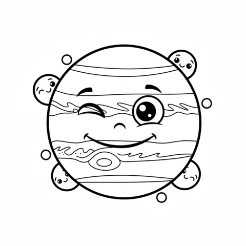 Planets coloring page: a winking Jupiter with rings and four small moons with faces around it