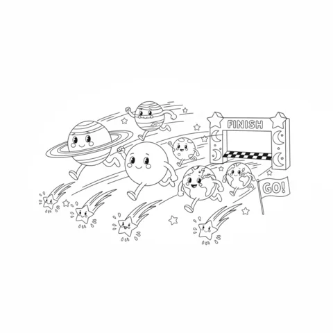 Planets coloring page: several planets and stars racing towards a finish line with a 'Go!' flag