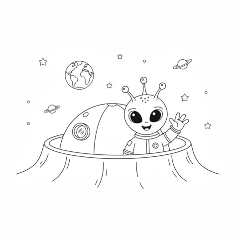 Planets coloring page: a cute alien waving from a UFO on a moon surface, with Earth and Saturn in the background