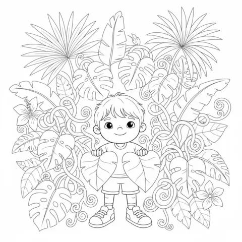Disegno di pianta da colorare: un'ape carina che vola verso un grande girasole con foglie a forma di cuore