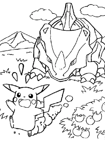 Desenho do Pokémon para colorir: Pikachu fugindo de um grande Rhyperior em um campo com montanhas