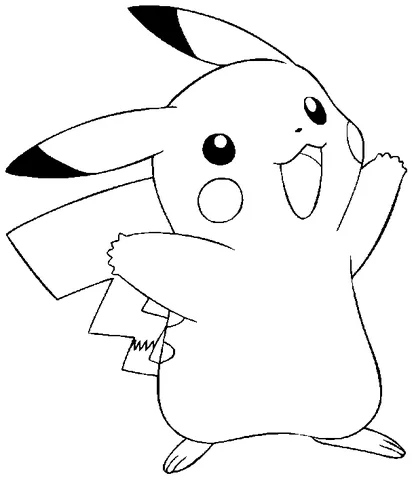 Desenho do Pokémon para colorir: Pikachu em pé alegremente com um braço levantado e um grande sorriso