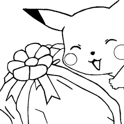 Desenho do Pokémon para colorir: o rosto de Pikachu espreitando por uma grande caixa de presente com um laço de flor