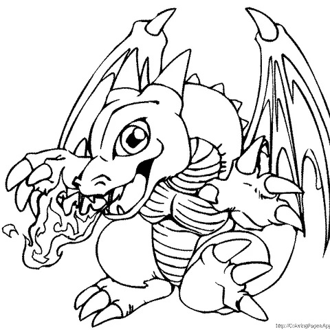 Desenho do Pokémon para colorir: um Charizard bebê cuspindo fogo, com grandes asas e garras afiadas