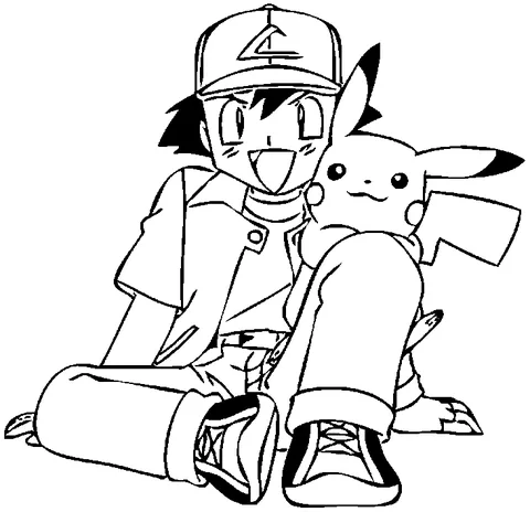 Desenho do Pokémon para colorir: Ash Ketchum sentado no chão, abraçando um Pikachu sorridente