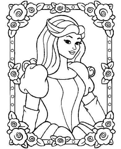 Coloriage Princesse : une belle princesse aux longs cheveux encadrée par une bordure de roses