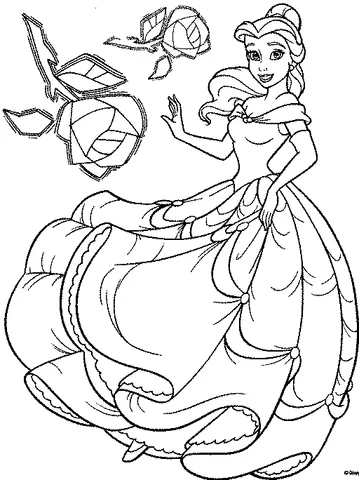Coloriage Princesse : Belle de La Belle et la Bête dans sa robe de bal avec deux roses flottantes