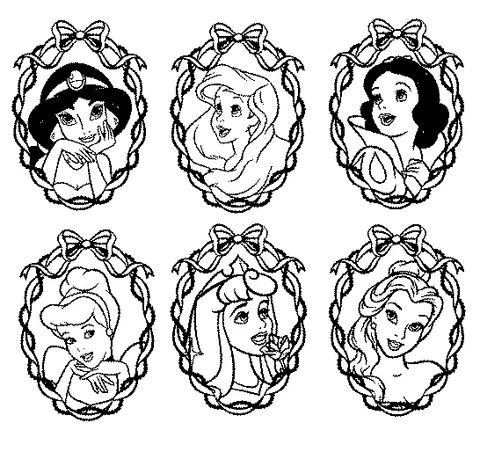 Coloriage Princesse : six princesses Disney dans des cadres ovales avec des nœuds : Jasmine, Ariel, Blanche-Neige, Cendrillon, Aurore, Belle