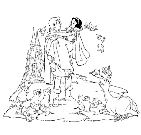 Coloriage Princesse : le Prince Charmant tenant Blanche-Neige, entouré d'animaux de la forêt et d'un château