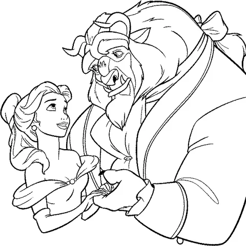 Coloriage Princesse : Belle et la Bête se regardant, se tenant la main, prêts à danser
