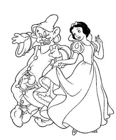 Coloriage Princesse : Blanche-Neige dansant avec Grincheux et Simplet, deux des sept nains