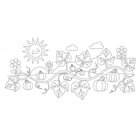 Ausmalbild Kürbisse: eine lange Kürbisranke mit kleinen Kürbissen, Blättern, Blumen und einer lächelnden Sonne