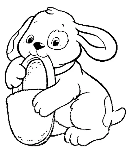 Disegno di cucciolo da colorare: un cucciolo seduto con un grande osso in bocca e tra le zampe