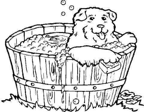 Disegno di cucciolo da colorare: un cane soffice che fa felicemente un bagno di bolle in una vasca di legno