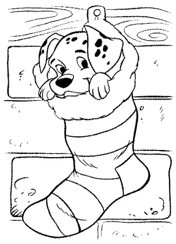Disegno di cucciolo da colorare: un cucciolo dalmata che sbircia da una calza di Natale a righe