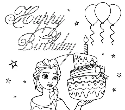 Dibujo de la Reina Elsa para colorear: Elsa sosteniendo un pastel de cumpleaños con globos y estrellas a su alrededor