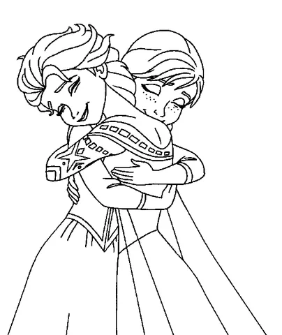Dibujo de la Reina Elsa para colorear: Elsa y Anna abrazándose fuertemente, ambas sonriendo