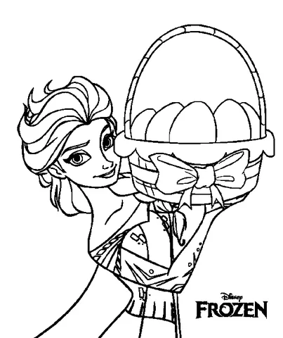 Dibujo de la Reina Elsa para colorear: Elsa sosteniendo una cesta de huevos, con el logo de Frozen