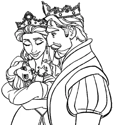 Dibujo de la Reina Elsa para colorear: un rey y una reina sosteniendo un bebé, todos con coronas