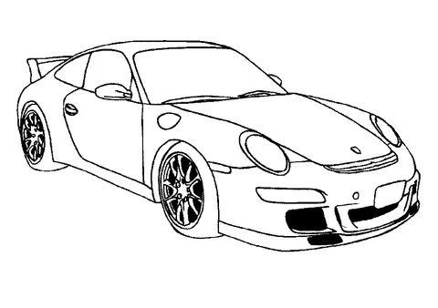 Desenho de carro de corrida para colorir: um carro esportivo moderno Porsche 911 com um spoiler, visto da frente esquerda