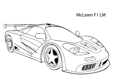 Desenho de carro de corrida para colorir: um carro esportivo McLaren F1 LM com uma grande asa traseira, visto da frente esquerda